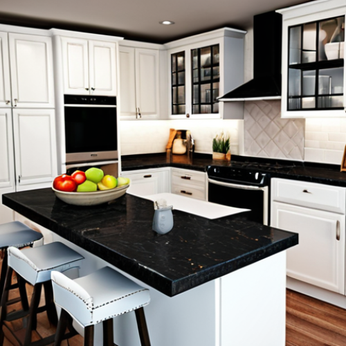 Home 4 **
A modern kitchen design with a client viewing options for a countertop color. The scene is photorealistic, showcasing a 3D rendered kitchen in a CAD software interface. Focus on the ease of changing design elements digitally to enhance client satisfaction.
**