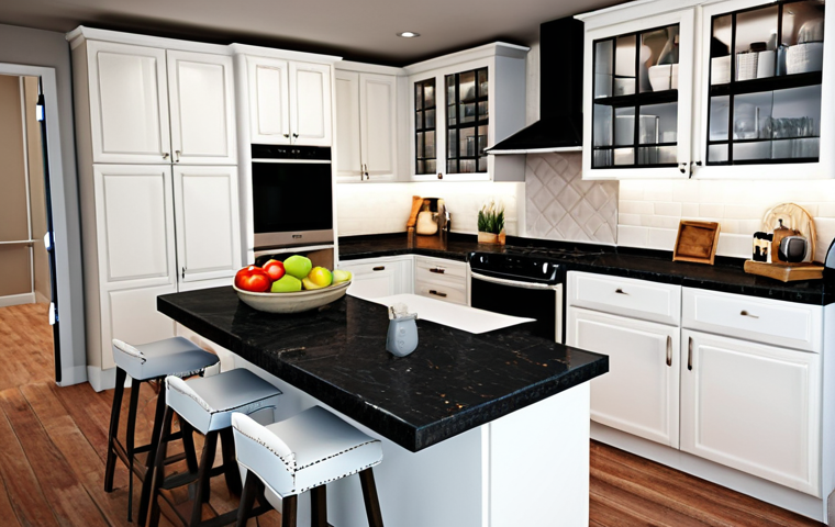 **
A modern kitchen design with a client viewing options for a countertop color. The scene is photorealistic, showcasing a 3D rendered kitchen in a CAD software interface. Focus on the ease of changing design elements digitally to enhance client satisfaction.
**