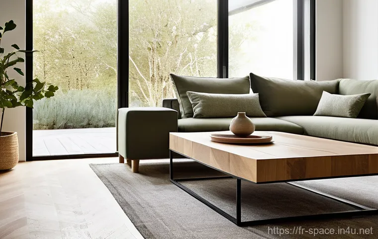 공간디자인 소재의 환경 친화적 선택 - **Sustainable French Oak Coffee Table in a Modern Living Room:** "A serene, modern living room inter...