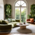 공간디자이너가 꼭 알아야 할 트렌드 사이트 - **Biophilic Urban Oasis**: A serene and luxurious Parisian apartment living room bathed in soft, nat...