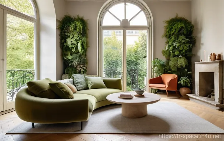 공간디자이너가 꼭 알아야 할 트렌드 사이트 - **Biophilic Urban Oasis**: A serene and luxurious Parisian apartment living room bathed in soft, nat...