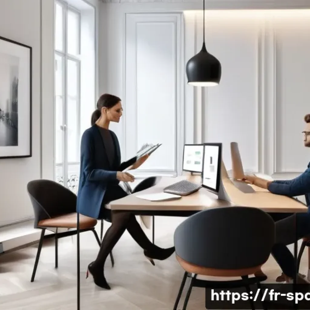 공간디자인 클라이언트 설득 전략 - A modern interior design consultation scene set in a sleek Parisian office, showcasing a professiona...
