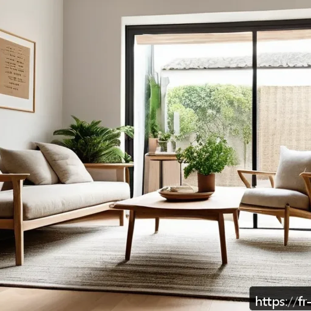 공간디자인의 지속 가능성 트렌드 - A cozy, sustainable living room interior featuring certified FSC oak wood furniture and natural fibe...