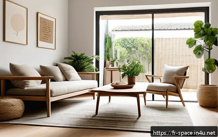 공간디자인의 지속 가능성 트렌드 - A cozy, sustainable living room interior featuring certified FSC oak wood furniture and natural fibe...