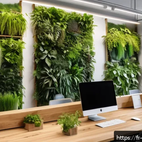 공간디자인 해외 프로젝트 사례 - A modern office interior in Paris featuring biophilic design elements: lush vertical green walls, ha...