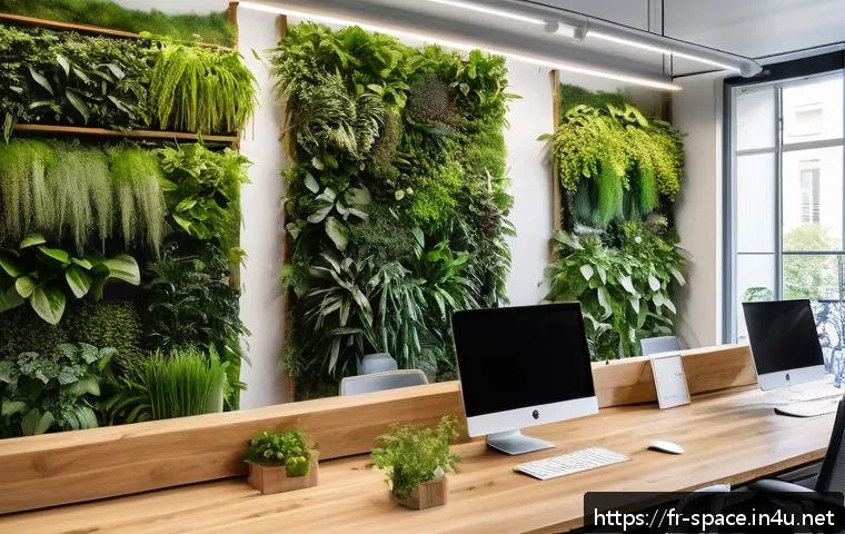 공간디자인 해외 프로젝트 사례 - A modern office interior in Paris featuring biophilic design elements: lush vertical green walls, ha...