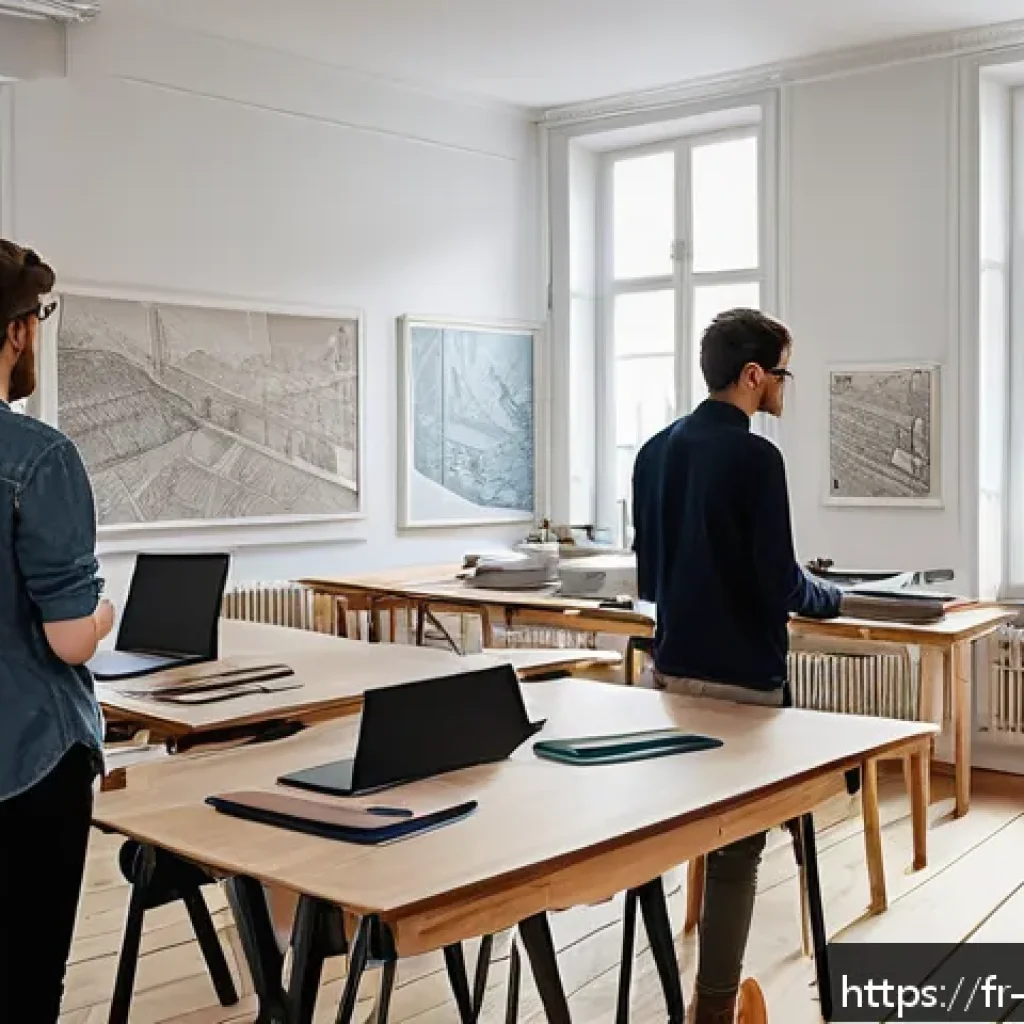 공간디자인 자격증 취득 방법 - A modern interior design classroom in a French art and design school, featuring young adult students...