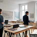 공간디자인 자격증 취득 방법 - A modern interior design classroom in a French art and design school, featuring young adult students...