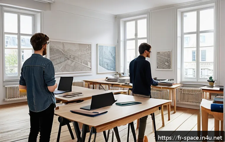 공간디자인 자격증 취득 방법 - A modern interior design classroom in a French art and design school, featuring young adult students...