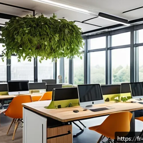 공간디자인의 비즈니스 모델 - A modern, eco-friendly office space showcasing sustainable design elements: large windows with abund...
