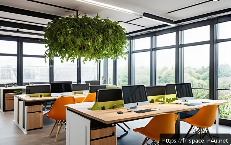 공간디자인의 비즈니스 모델 - A modern, eco-friendly office space showcasing sustainable design elements: large windows with abund...