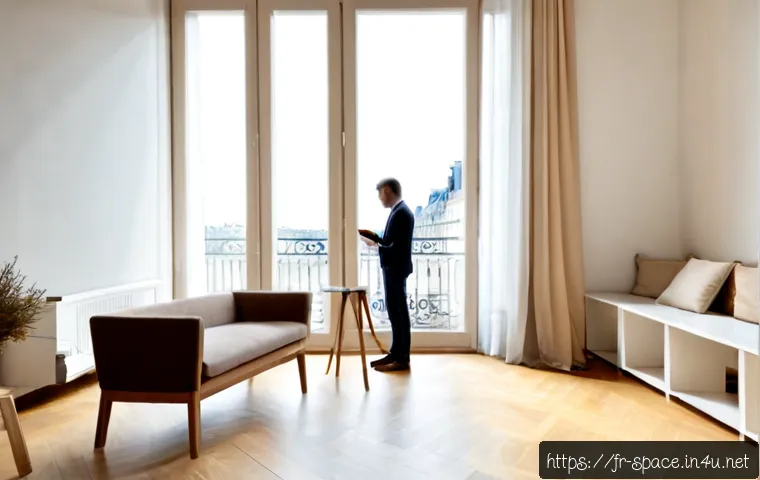 공간디자인 프로젝트 사례 분석 - Photorealistic interior design case study scene in a renovated Parisian apartment, wide-angle view s...